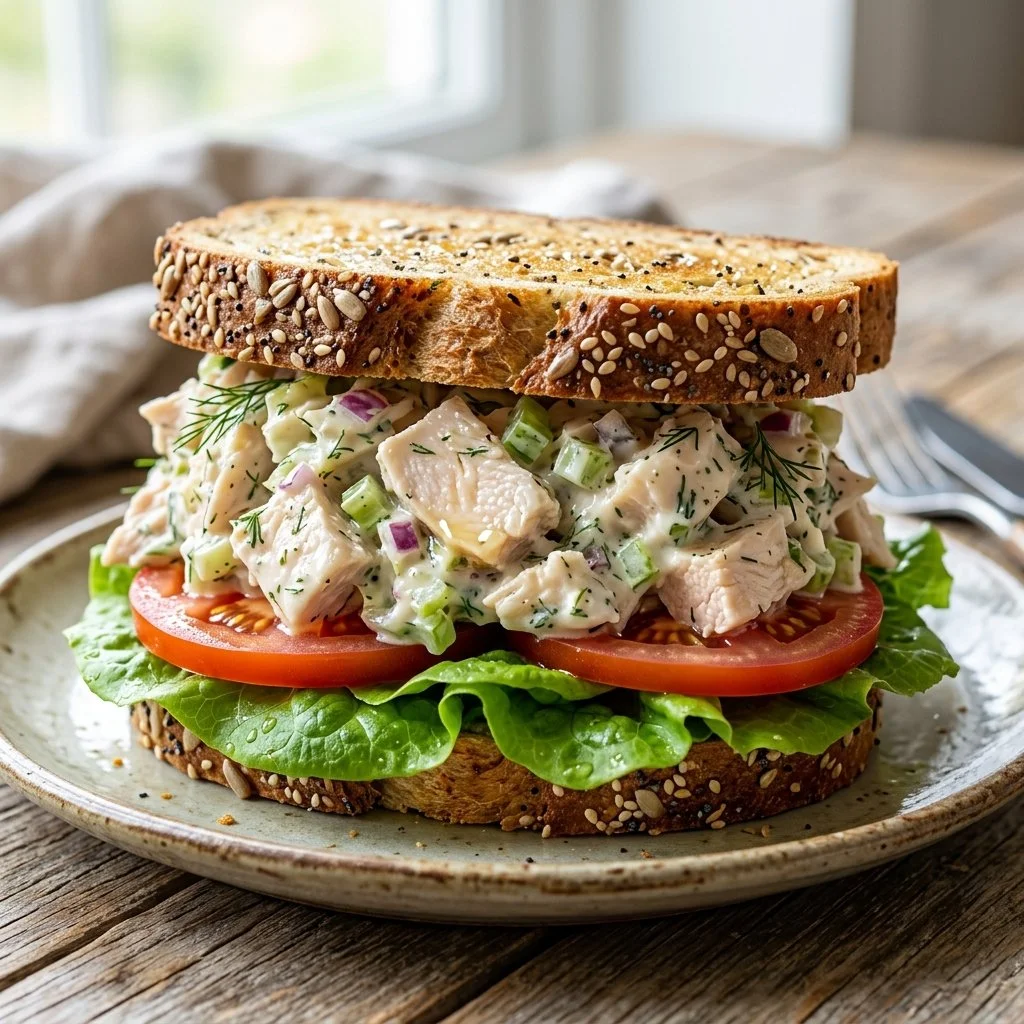 Chicken salad sandwich made with fresh ingredients on a plate