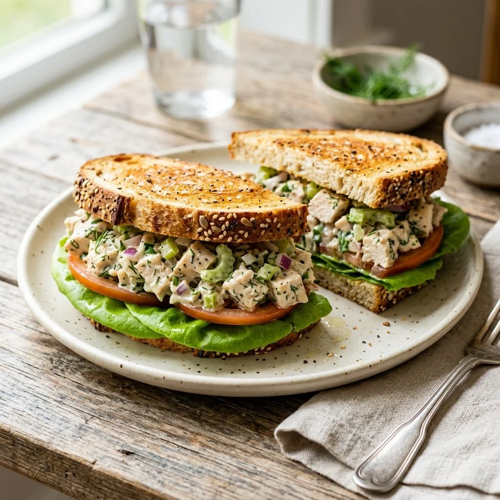 Delicious chicken salad sandwiches served on a rustic wooden table