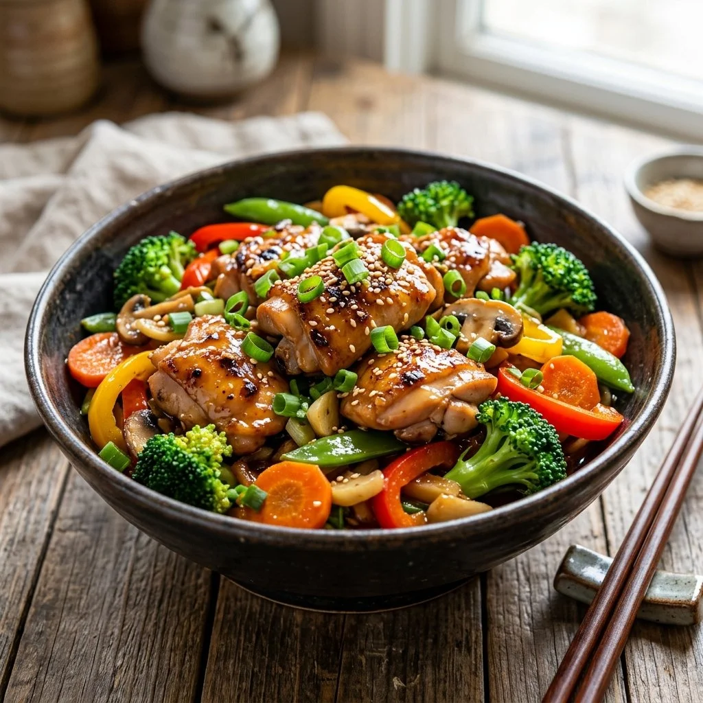 Colorful chicken stir fry with vegetables served in a bowl