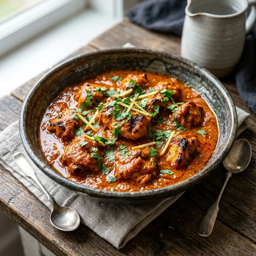 Delicious Chicken Tikka Masala served with rice and naan bread