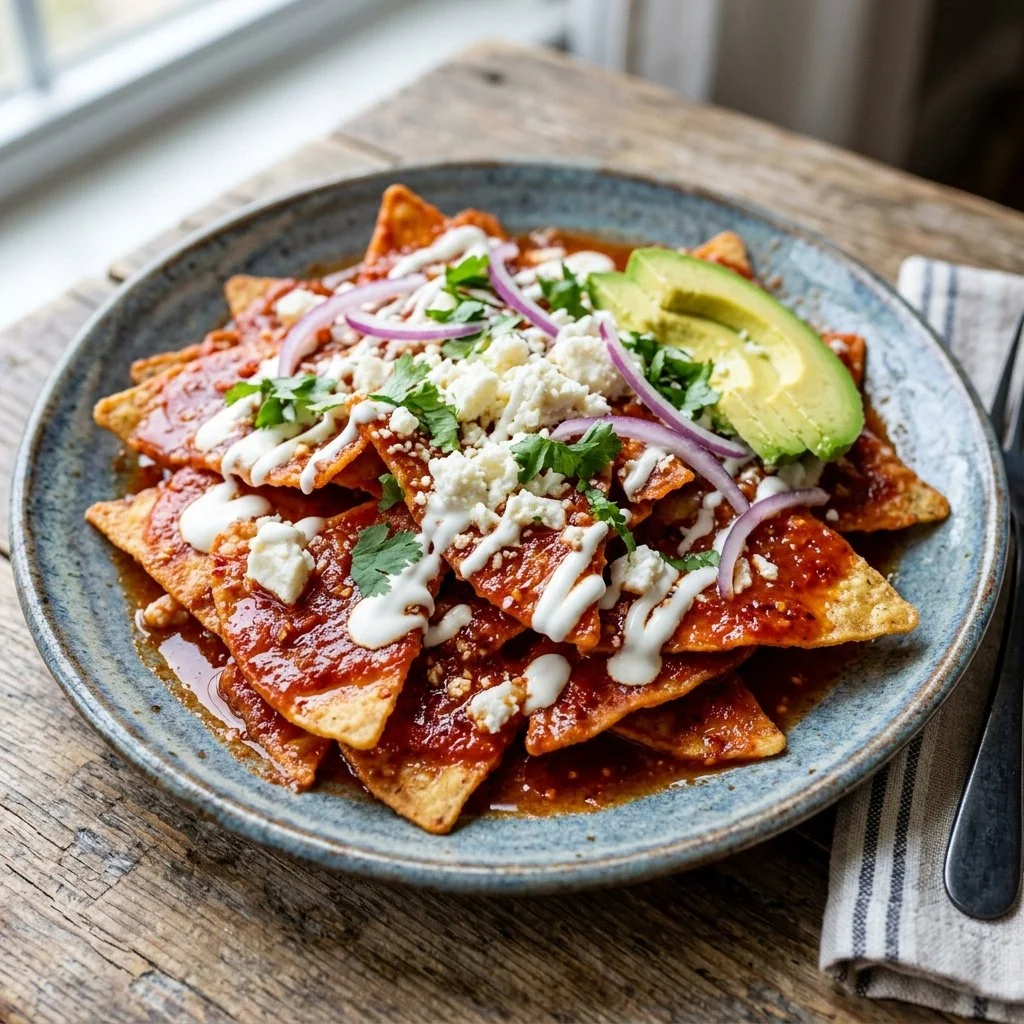 Plate of delicious chilaquiles rojos topped with fresh ingredients.