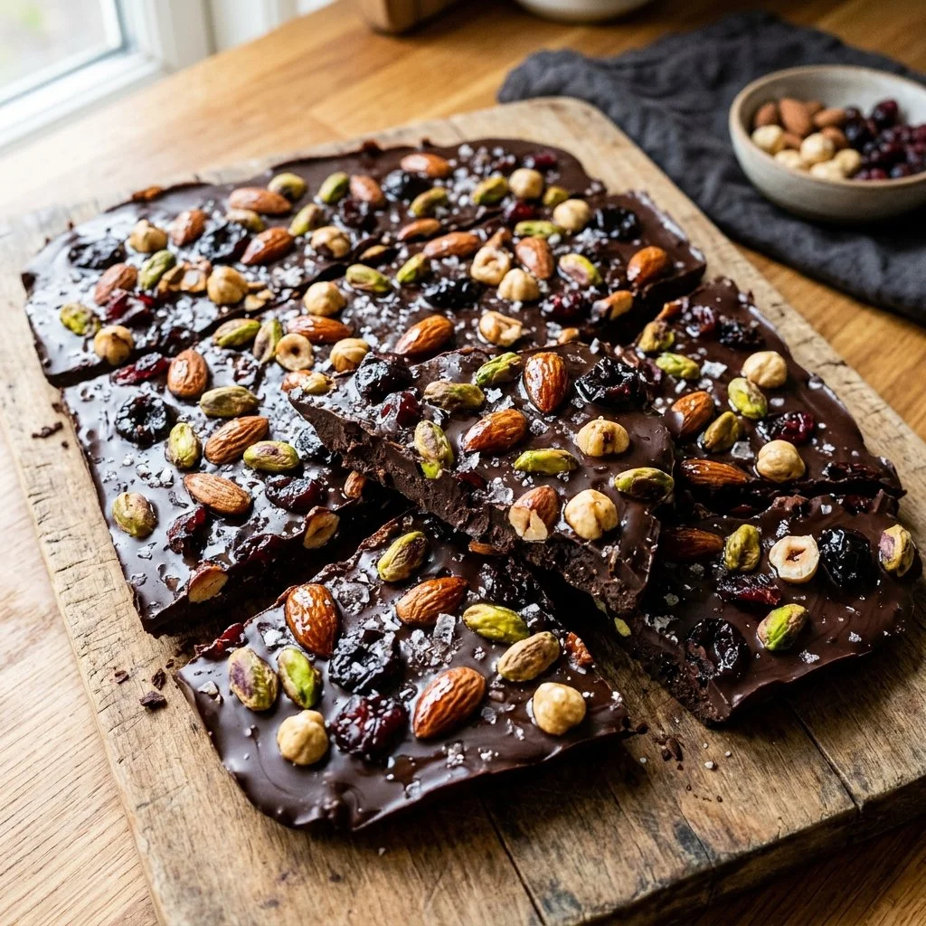 Delicious homemade chocolate bark with nuts and dried fruits