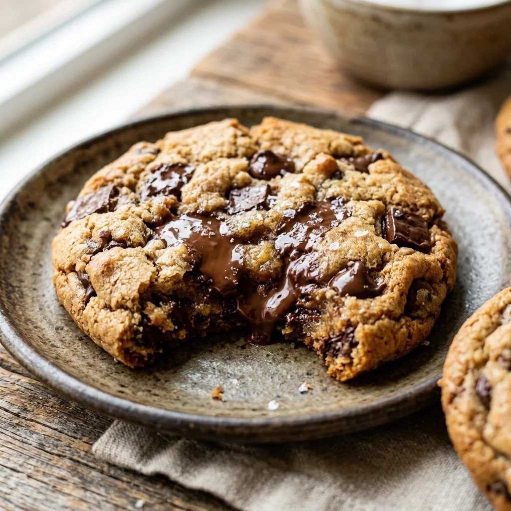 Freshly baked chocolate chip cookies on a cooling rack.