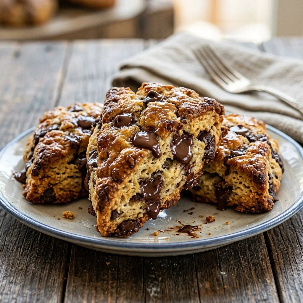 Delicious chocolate chip scones on a rustic wooden table