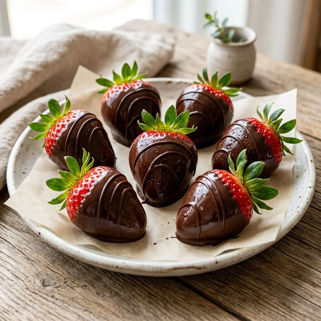 Delicious chocolate covered strawberries on a white plate, perfect for any occasion.
