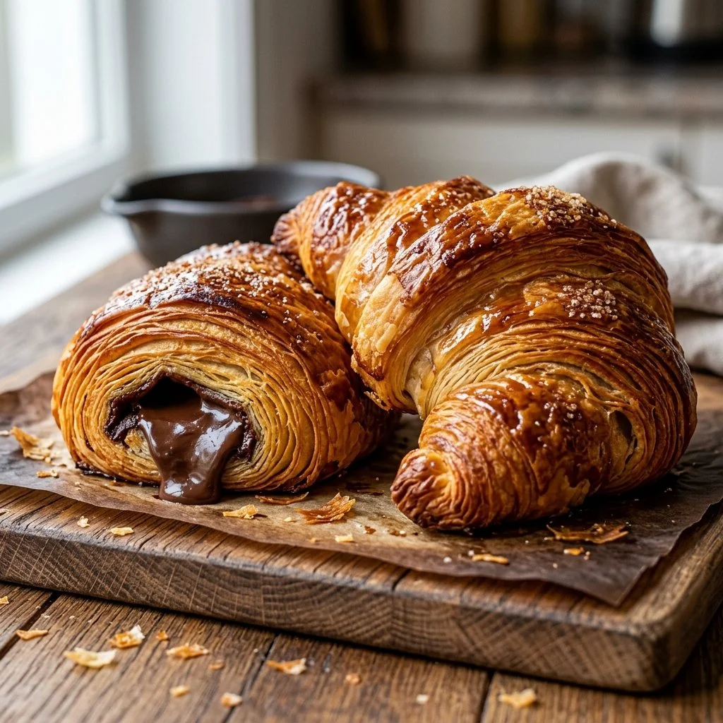 Flaky and delicious chocolate croissants fresh out of the oven