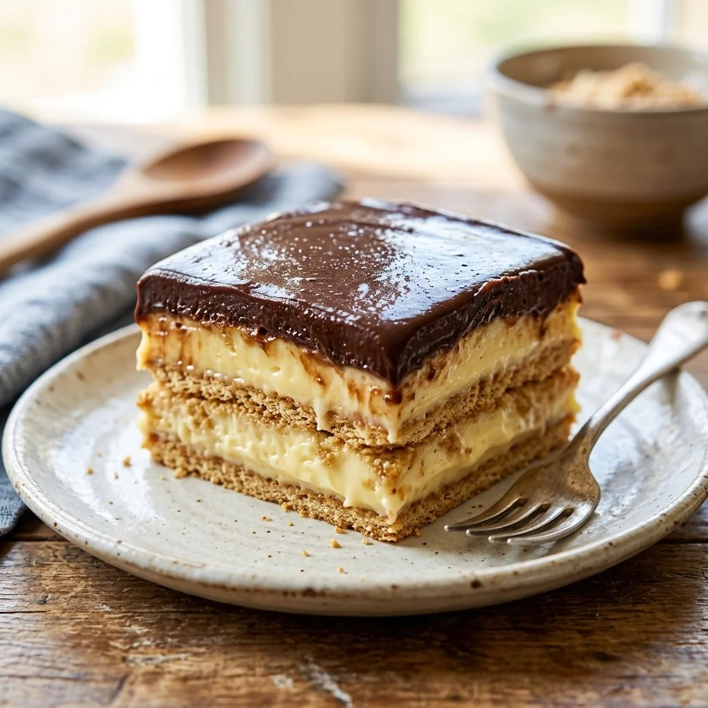 A delicious chocolate eclair cake topped with chocolate glaze