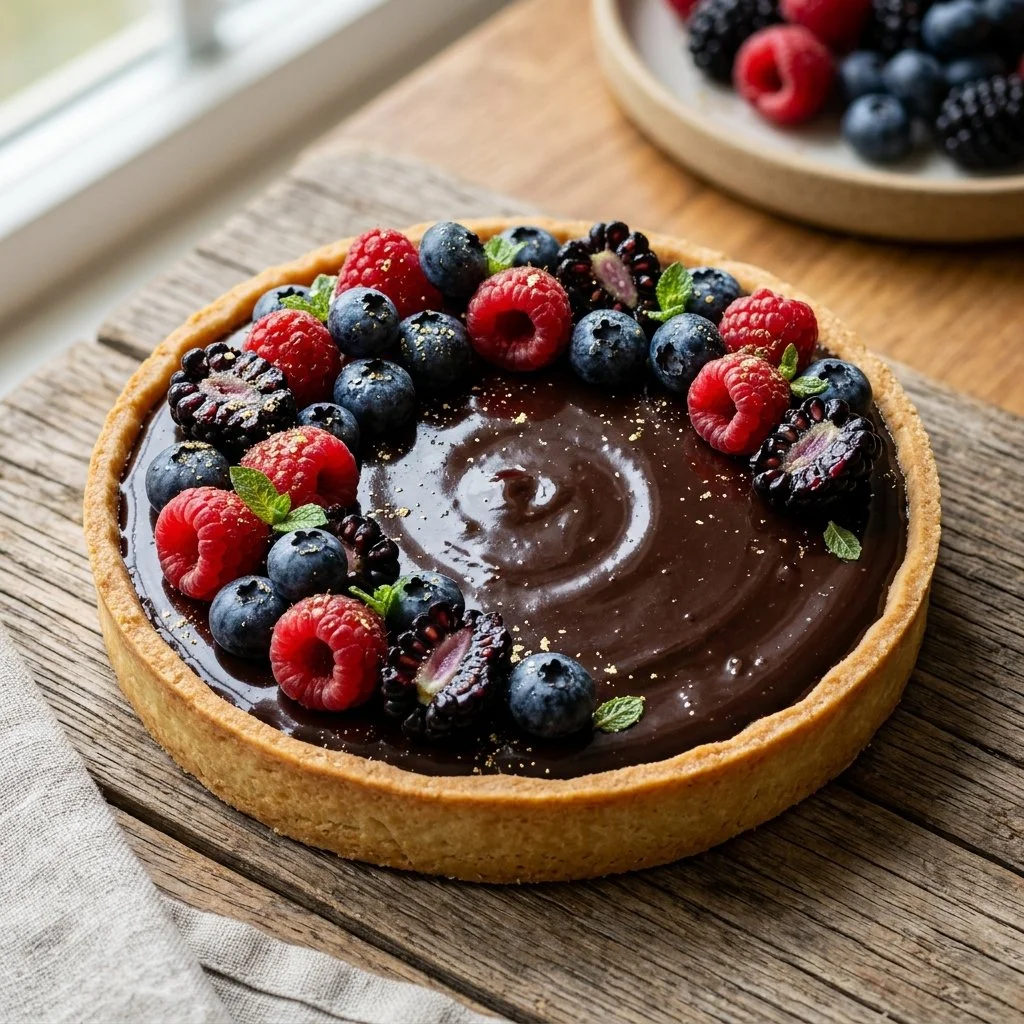 Decadent Chocolate Ganache Tart topped with fresh raspberries and chocolate shavings.