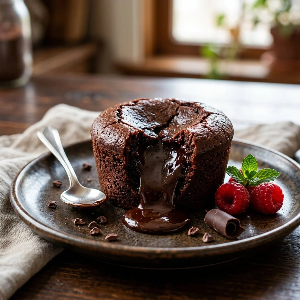 Delicious Chocolate Lava Cake with melted chocolate center and whipped cream