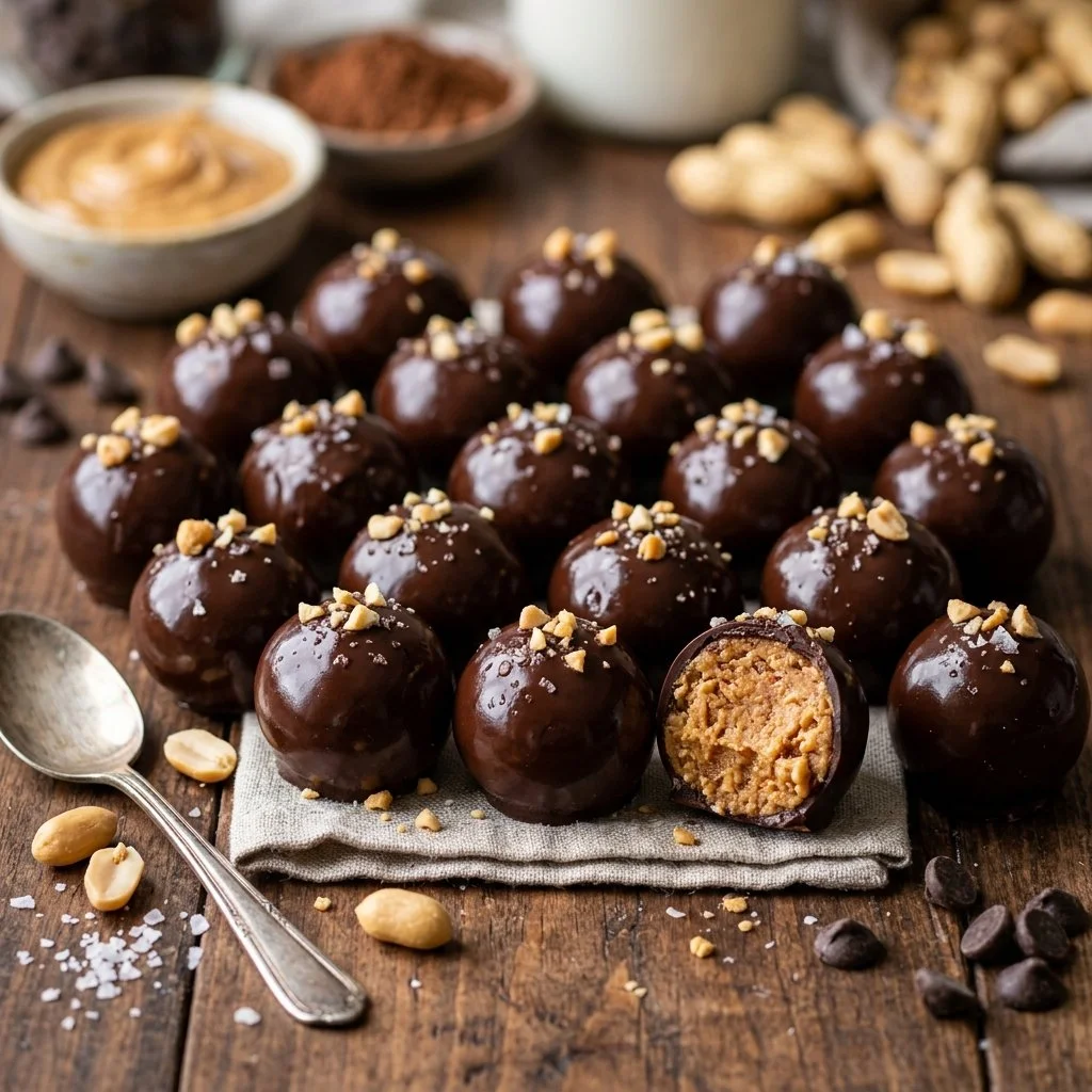 Delicious Chocolate Peanut Butter Balls on a white plate ready to serve