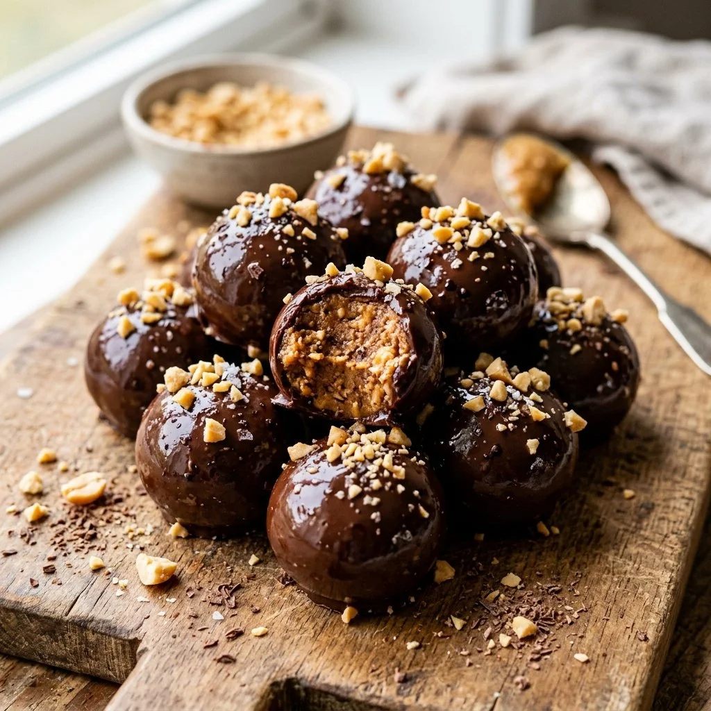 Delicious homemade chocolate peanut butter balls on a plate
