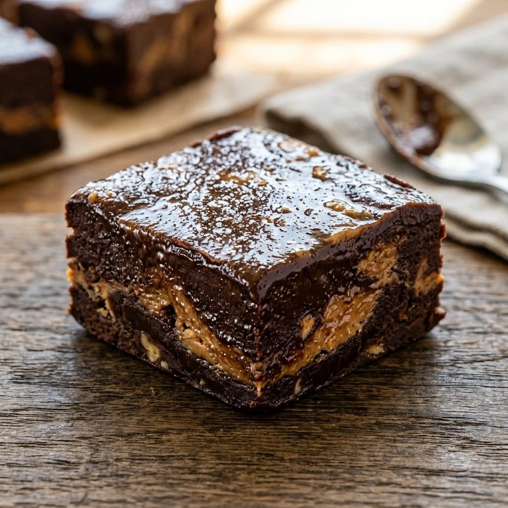 Delicious chocolate peanut butter fudge squares on a wooden table.