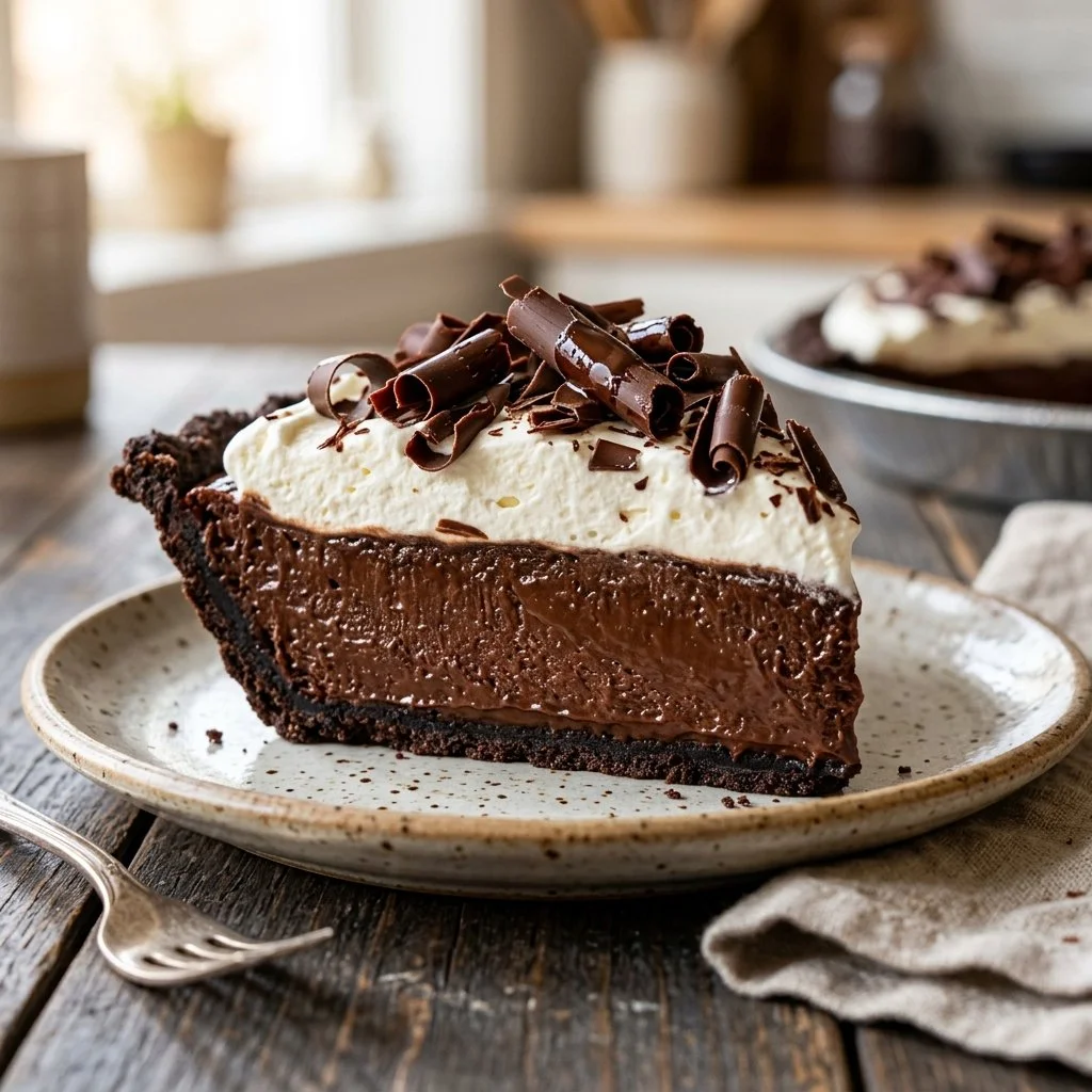 Delicious Chocolate Silk Pie topped with whipped cream and chocolate shavings.