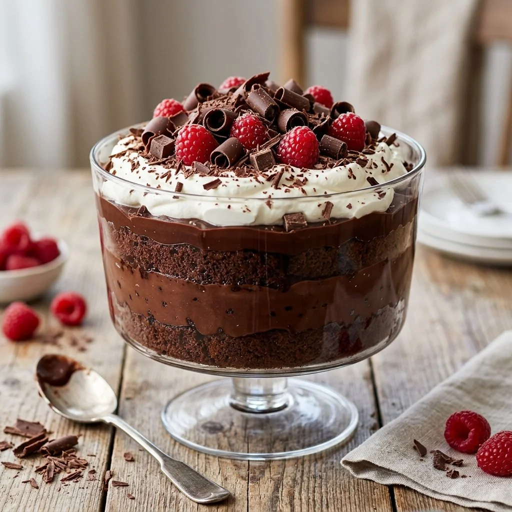 Delicious chocolate trifle dessert layered with chocolate and whipped cream.