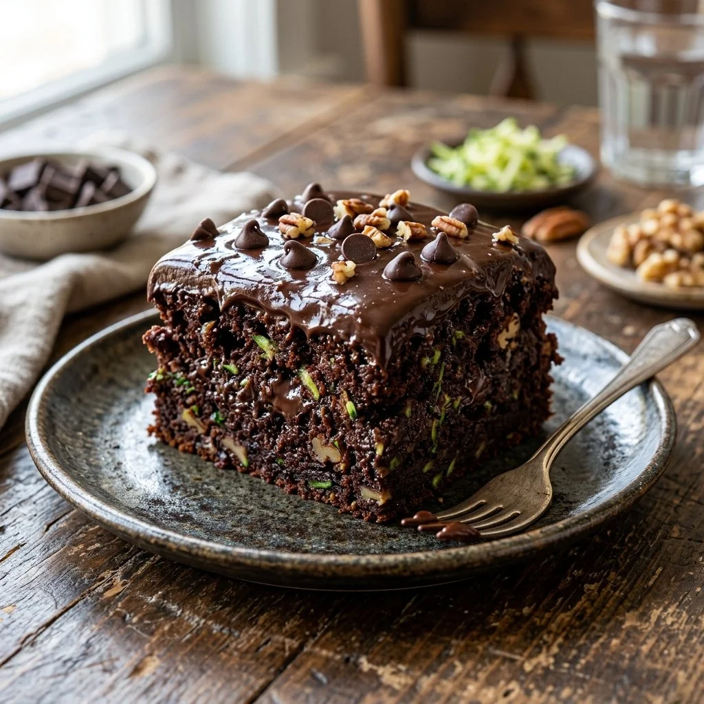 Delicious homemade chocolate zucchini cake topped with chocolate frosting.