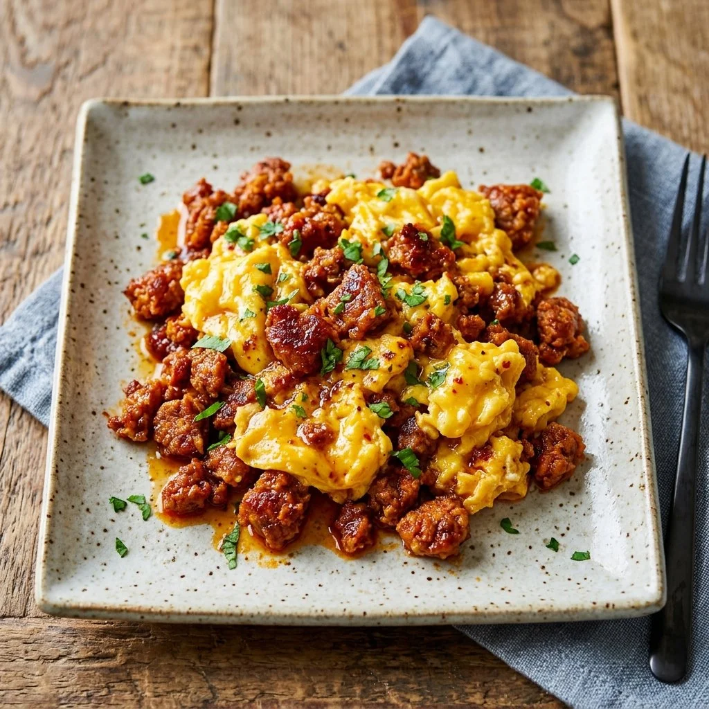 A hearty plate of chorizo and eggs recipe garnished with fresh herbs