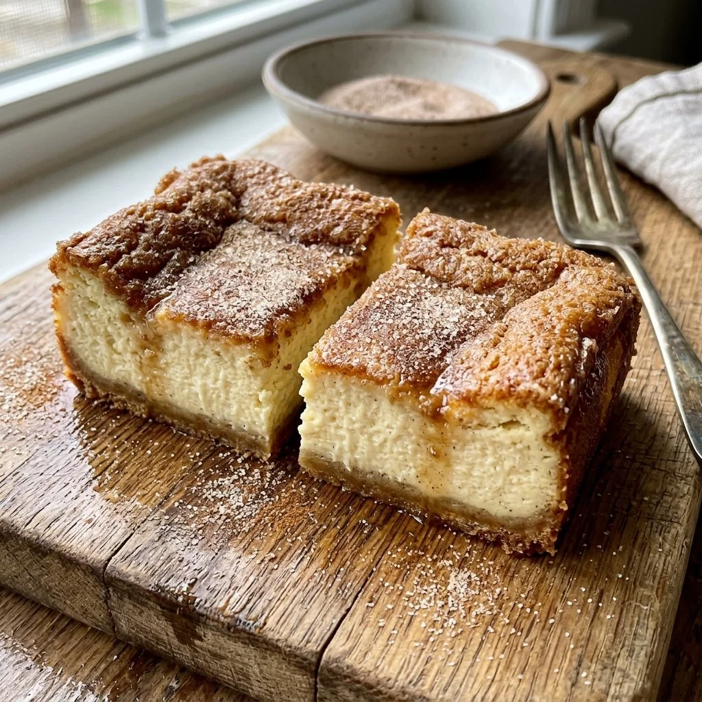 Churro Cheesecake Bars topped with cinnamon sugar and drizzled with chocolate
