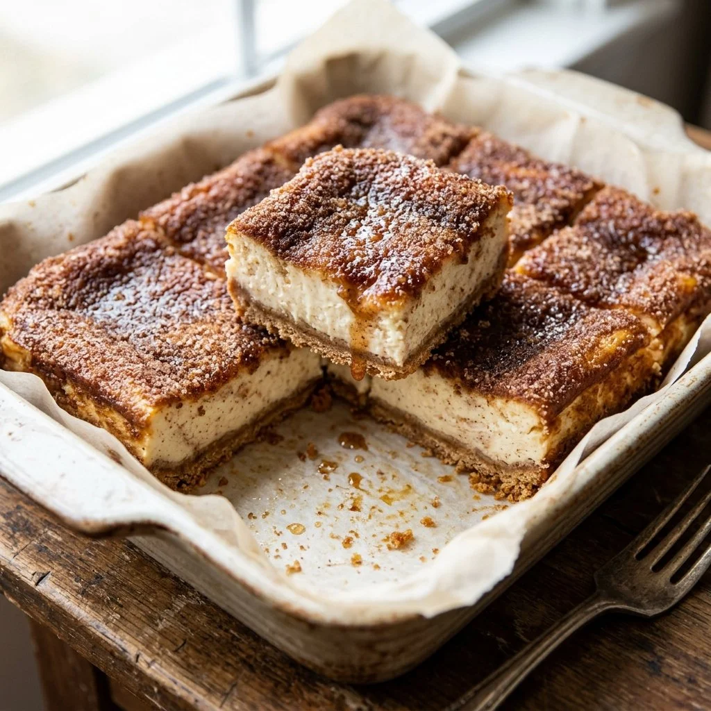 Delicious Churro Cheesecake Bars topped with cinnamon sugar and caramel sauce