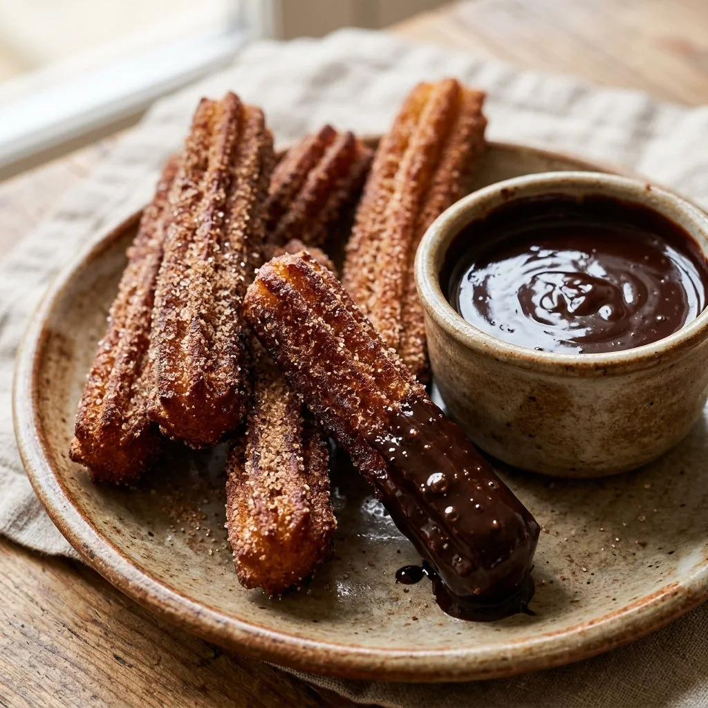 Freshly made churros served with a side of chocolate dipping sauce