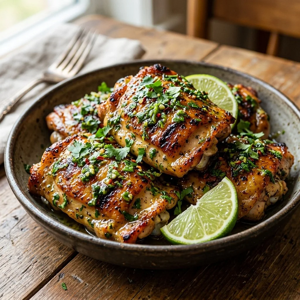 Grilled cilantro lime chicken garnished with fresh cilantro and lime slices