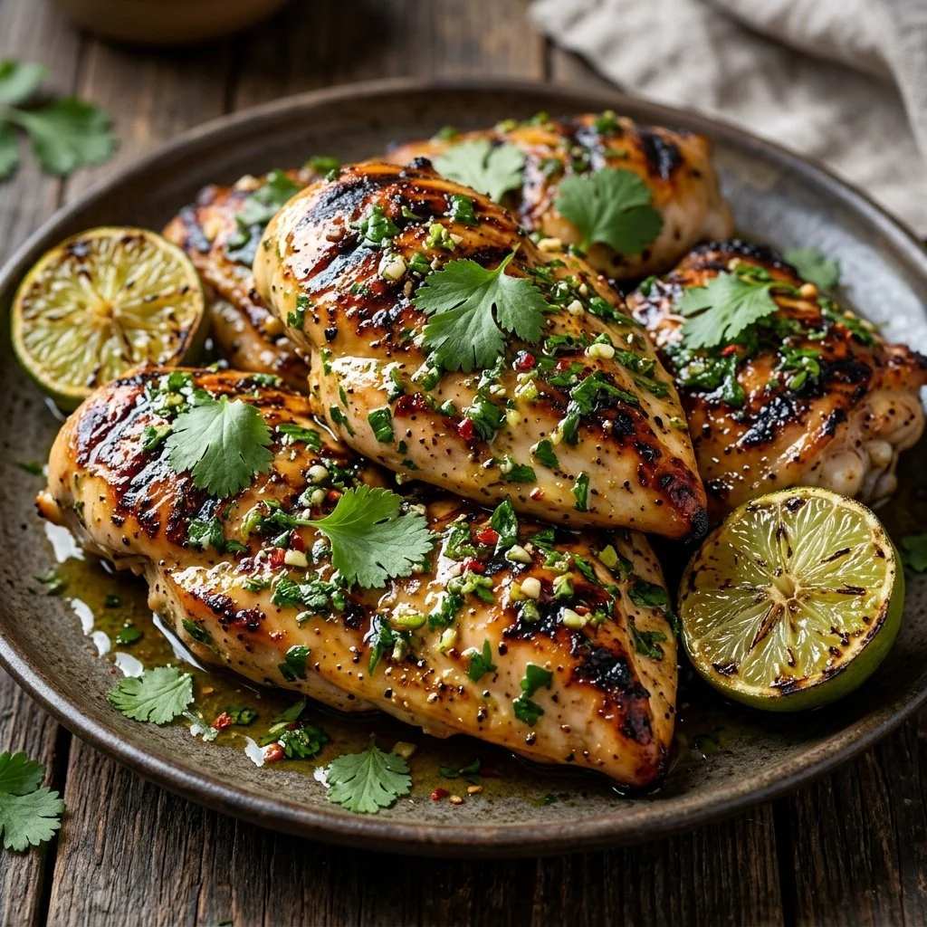 Cilantro lime grilled chicken garnished with fresh cilantro and lime wedges.