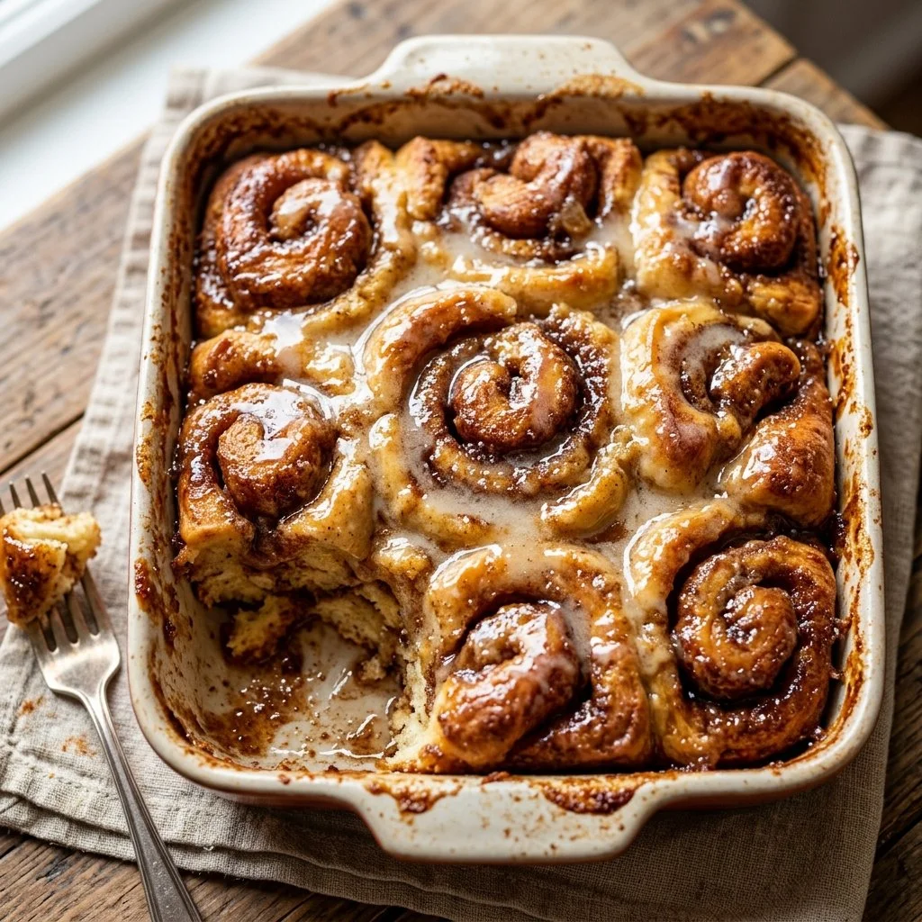 Delicious cinnamon roll casserole topped with icing and served in a baking dish