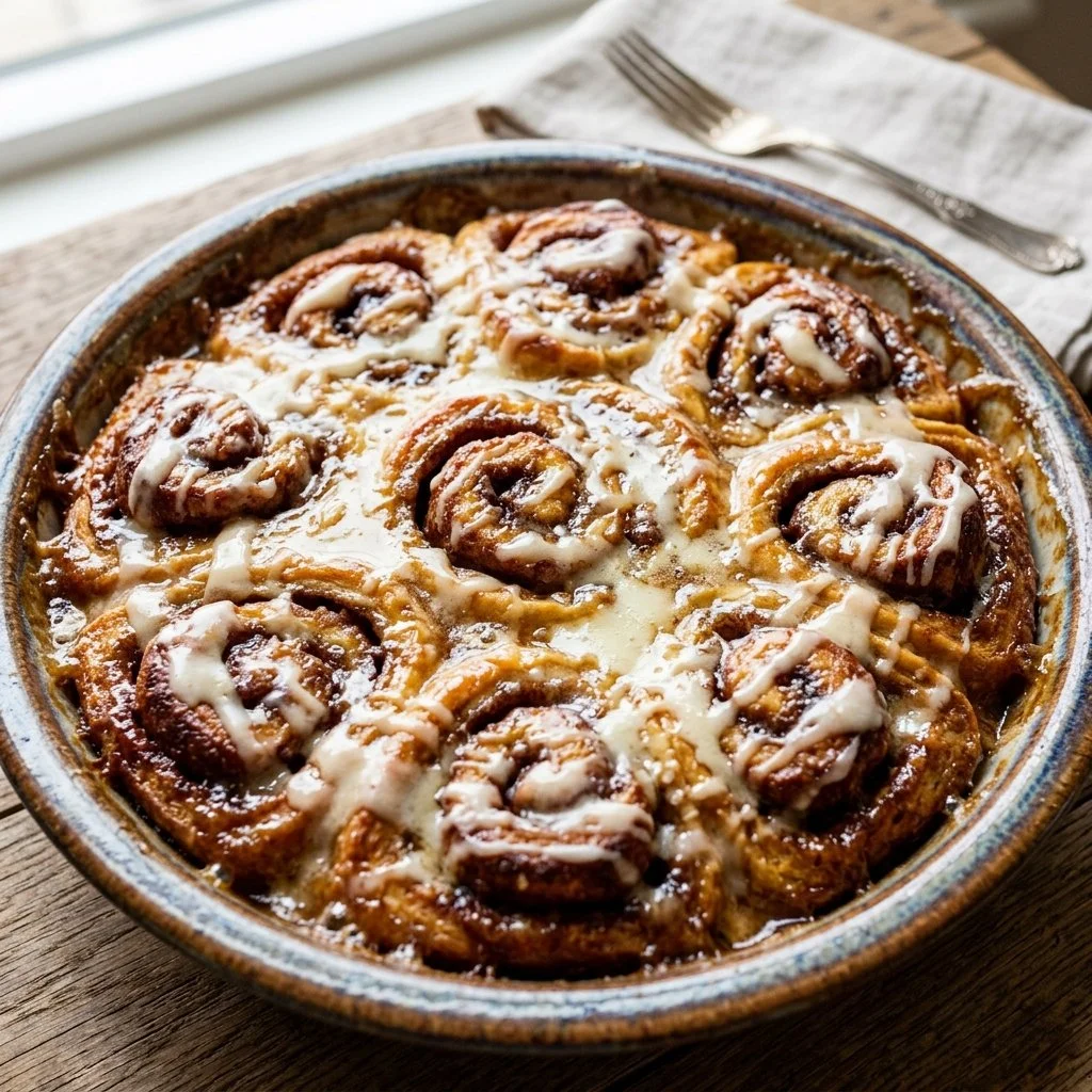 Delicious cinnamon roll casserole served warm, ideal for brunch or breakfast.