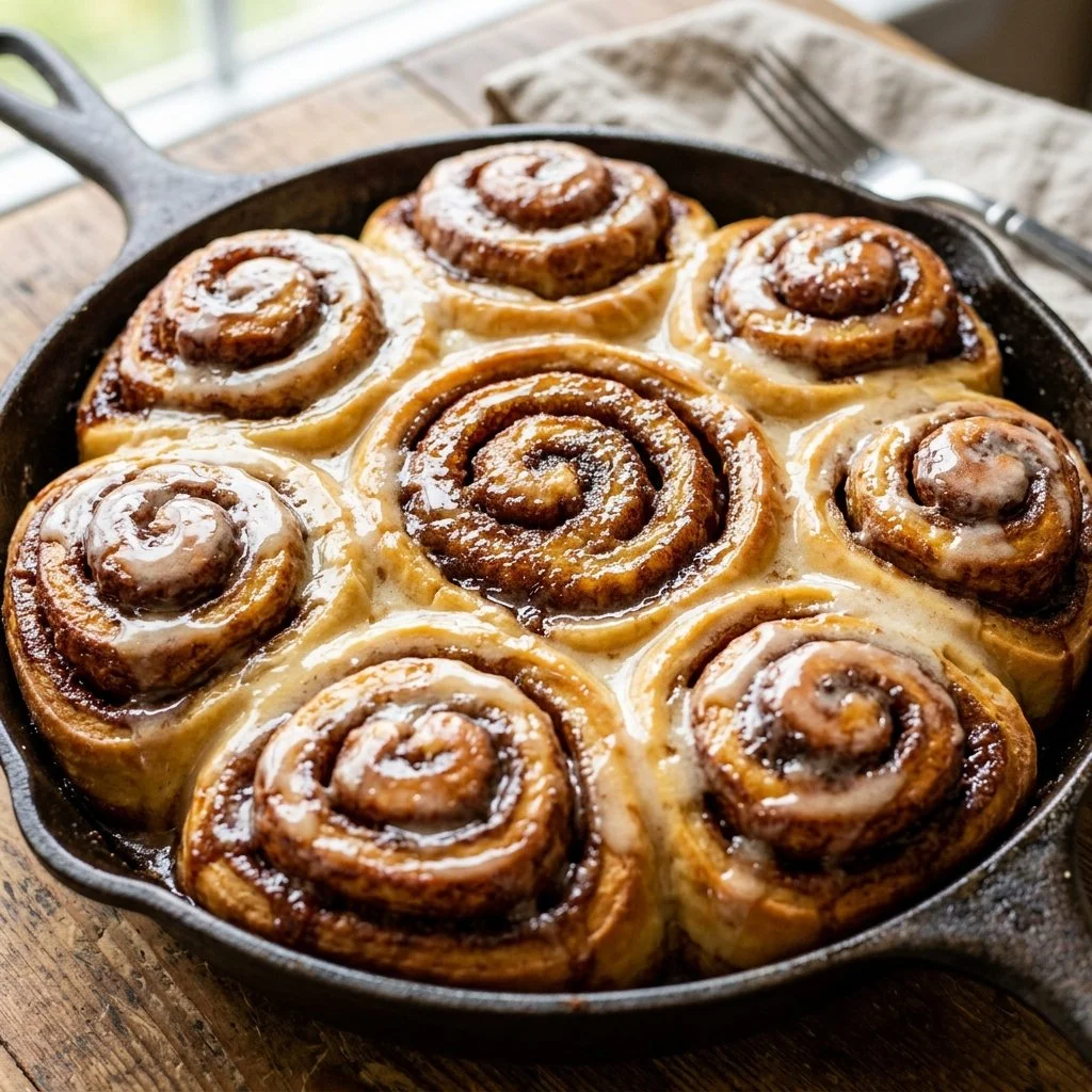 Freshly baked cinnamon rolls with cream frosting on a wooden table