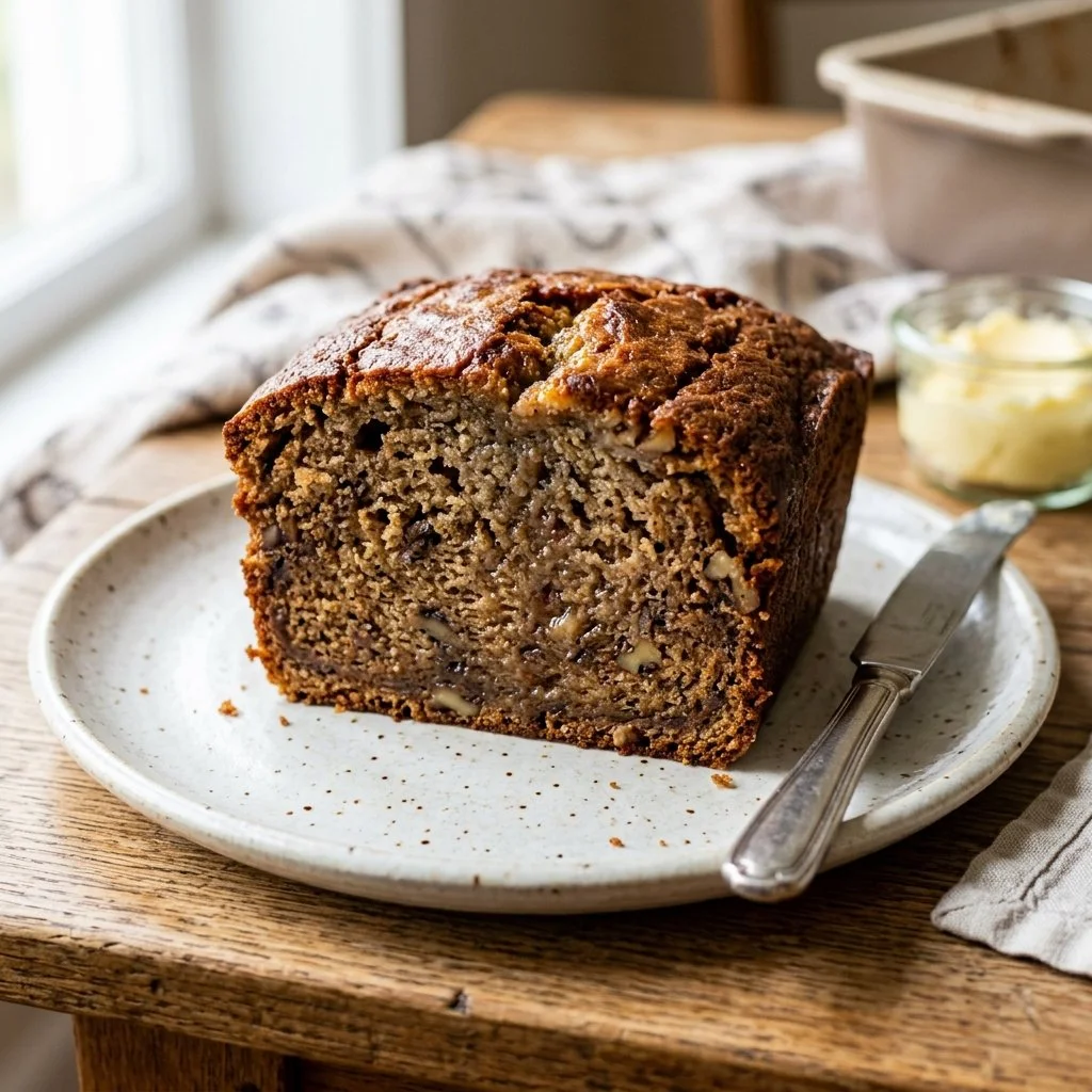 Loaf of classic banana bread with sliced bananas on a wooden cutting board