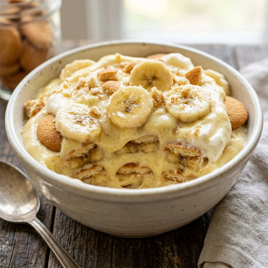 A delicious serving of classic banana pudding topped with fresh banana slices.