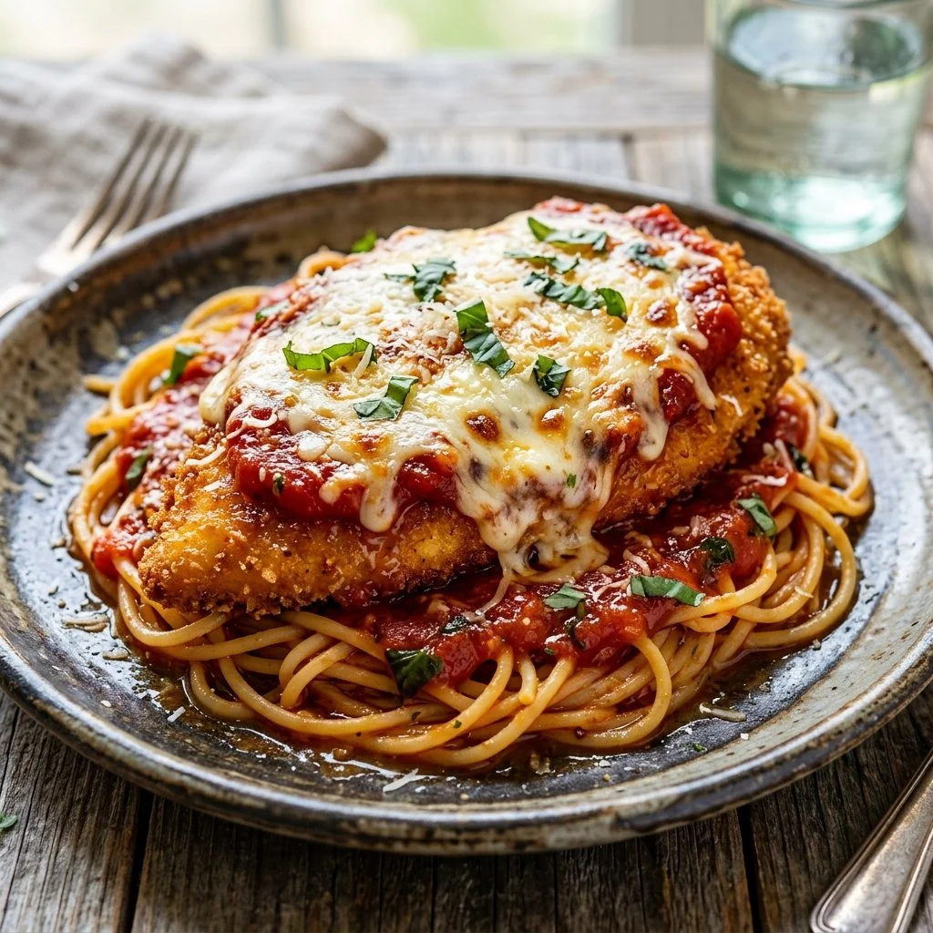 Classic Chicken Parmesan topped with marinara sauce and melted cheese