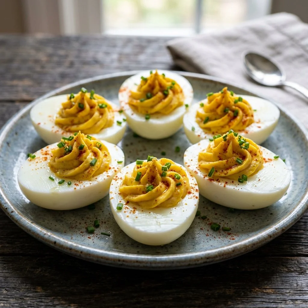 Delicious classic deviled eggs garnished with paprika on a serving platter.
