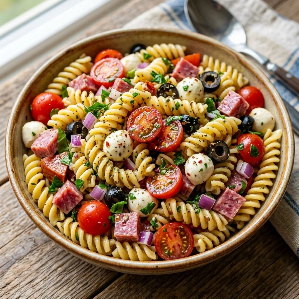Bowl of Classic Italian Pasta Salad with colorful vegetables and dressing