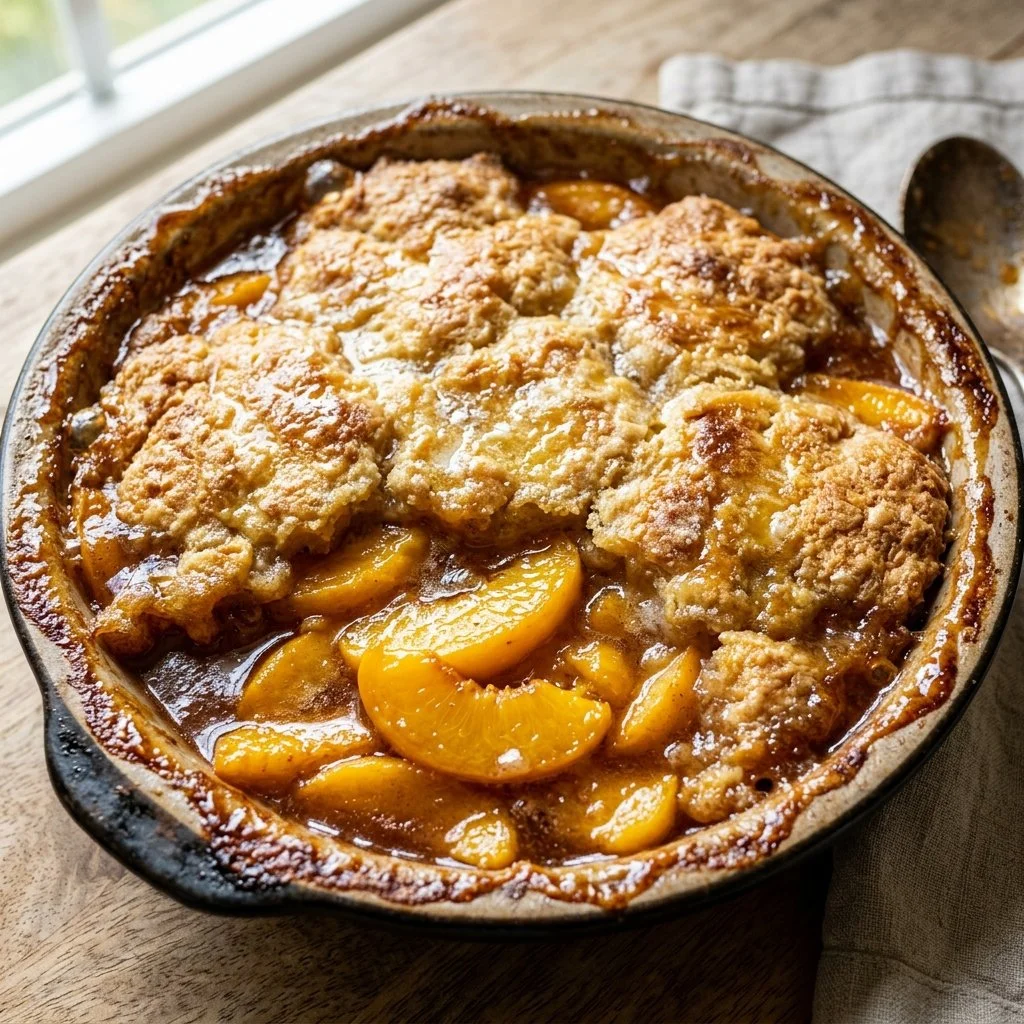 Classic peach cobbler served warm with a scoop of vanilla ice cream.