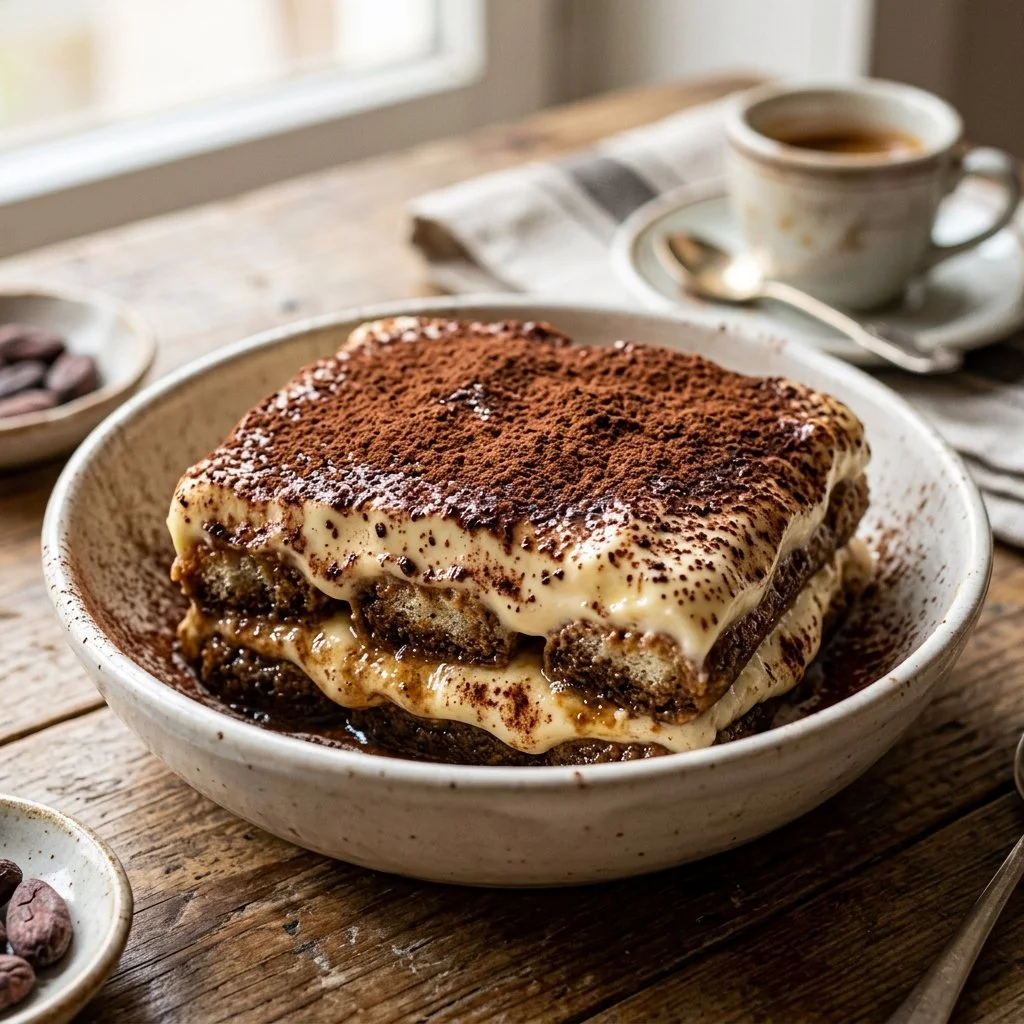 Delicious classic tiramisu dessert with layers of coffee-soaked sponge and creamy mascarpone.