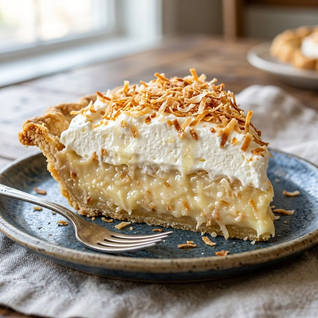 Delicious Coconut Cream Pie topped with whipped cream and toasted coconut flakes.