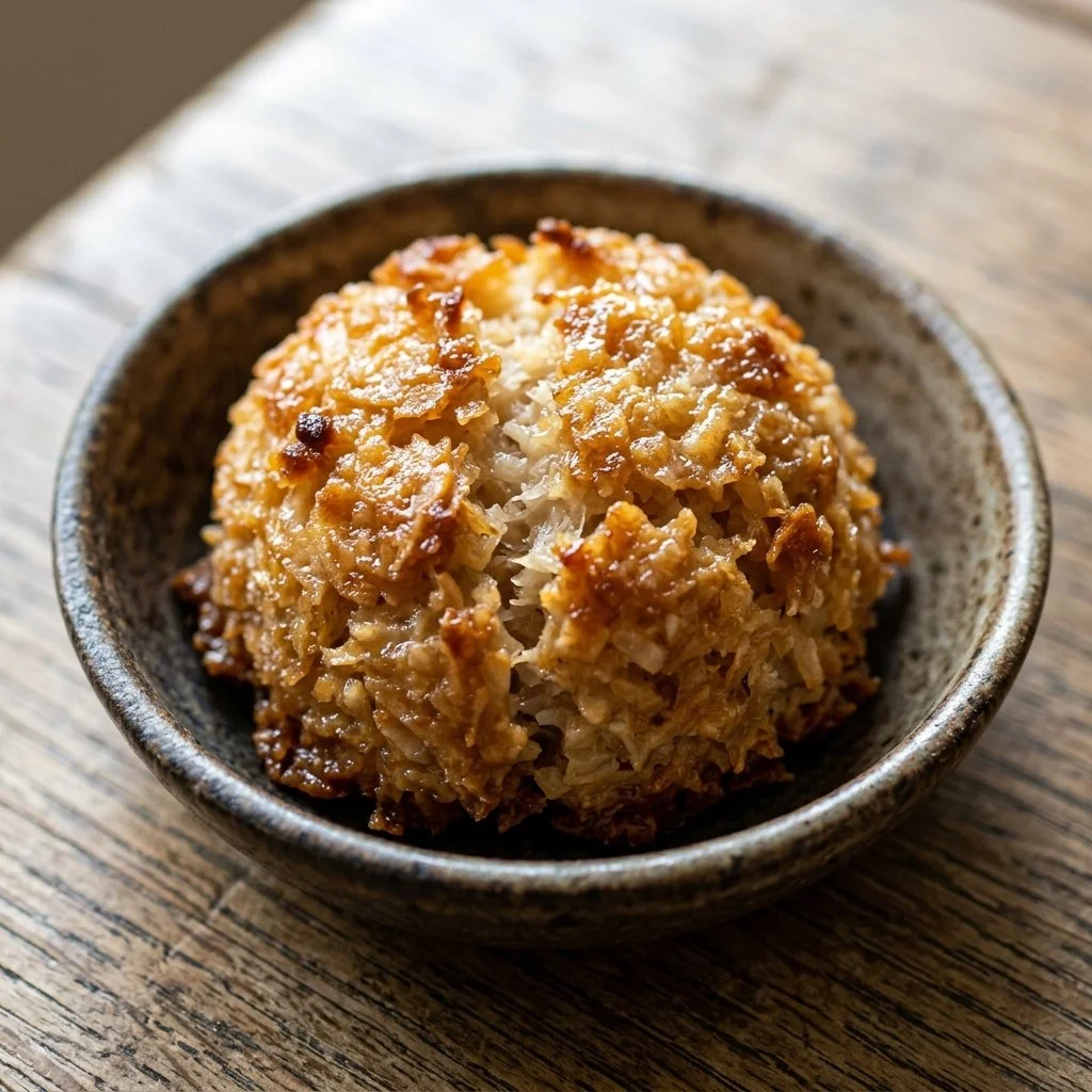 Homemade coconut macaroons displayed on a plate, showcasing their golden-brown color.