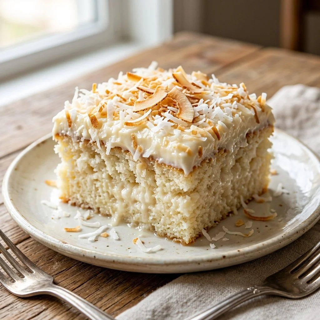 Delicious Coconut Poke Cake with coconut frosting and toppings.