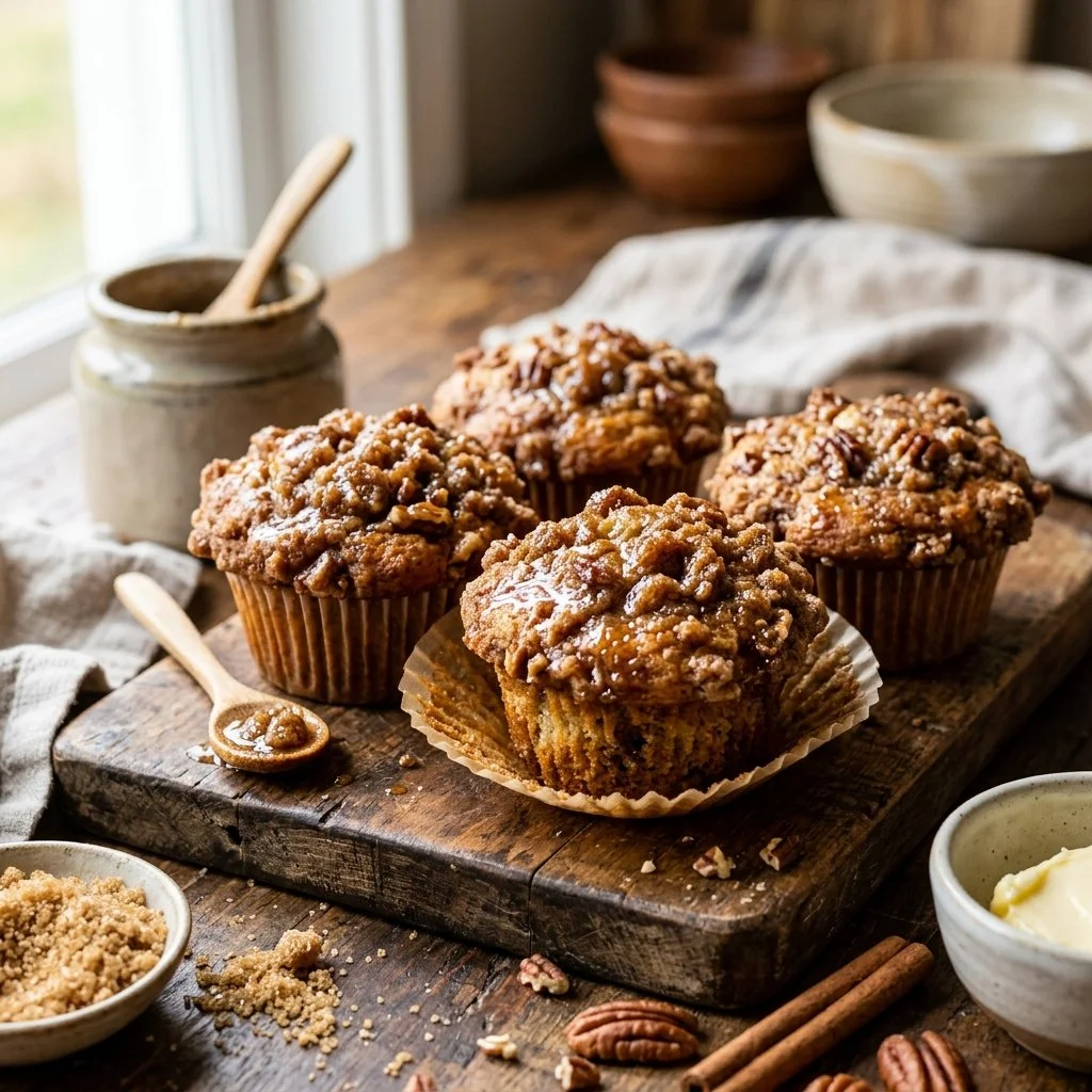 Freshly baked coffee cake muffins on a wooden table