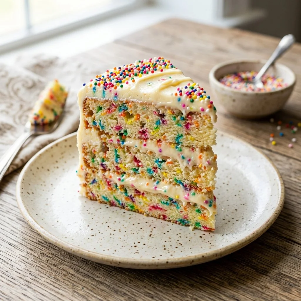 Delicious and colorful Confetti Cake topped with sprinkles