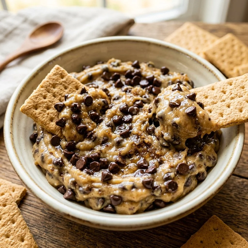 Delicious Cookie Dough Dip served with graham crackers and chocolate chips.
