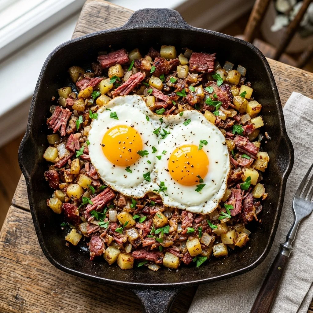 Delicious plate of corned beef hash with eggs and herbs