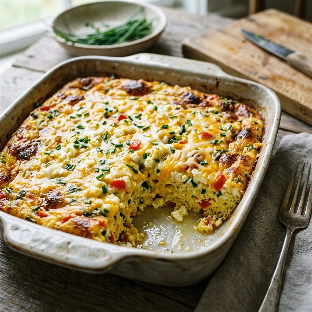 Cottage cheese egg bake served in a rustic dish