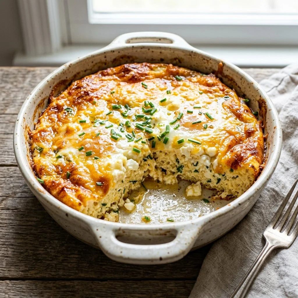 Savory Cottage Cheese Egg Bake topped with herbs and served in a baking dish.