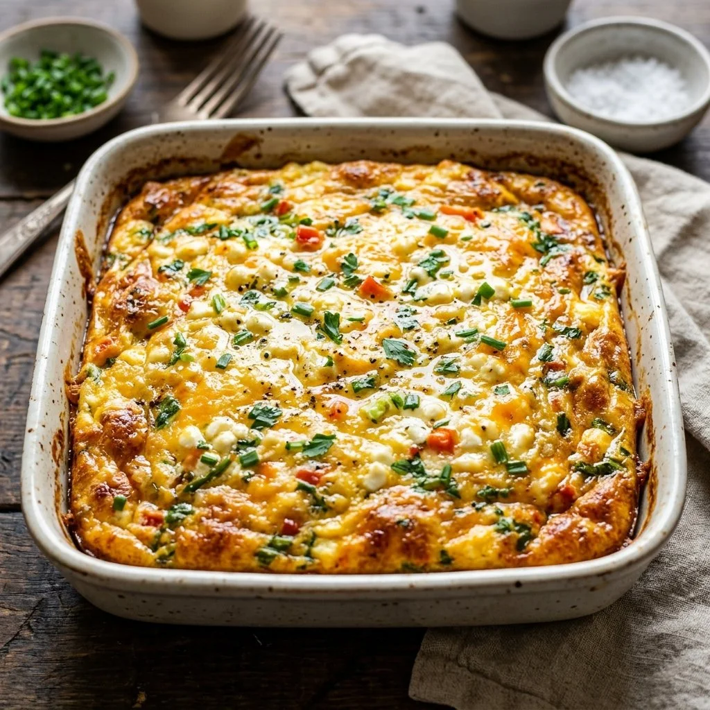 Baked cottage cheese egg dish served with fresh herbs and vegetables