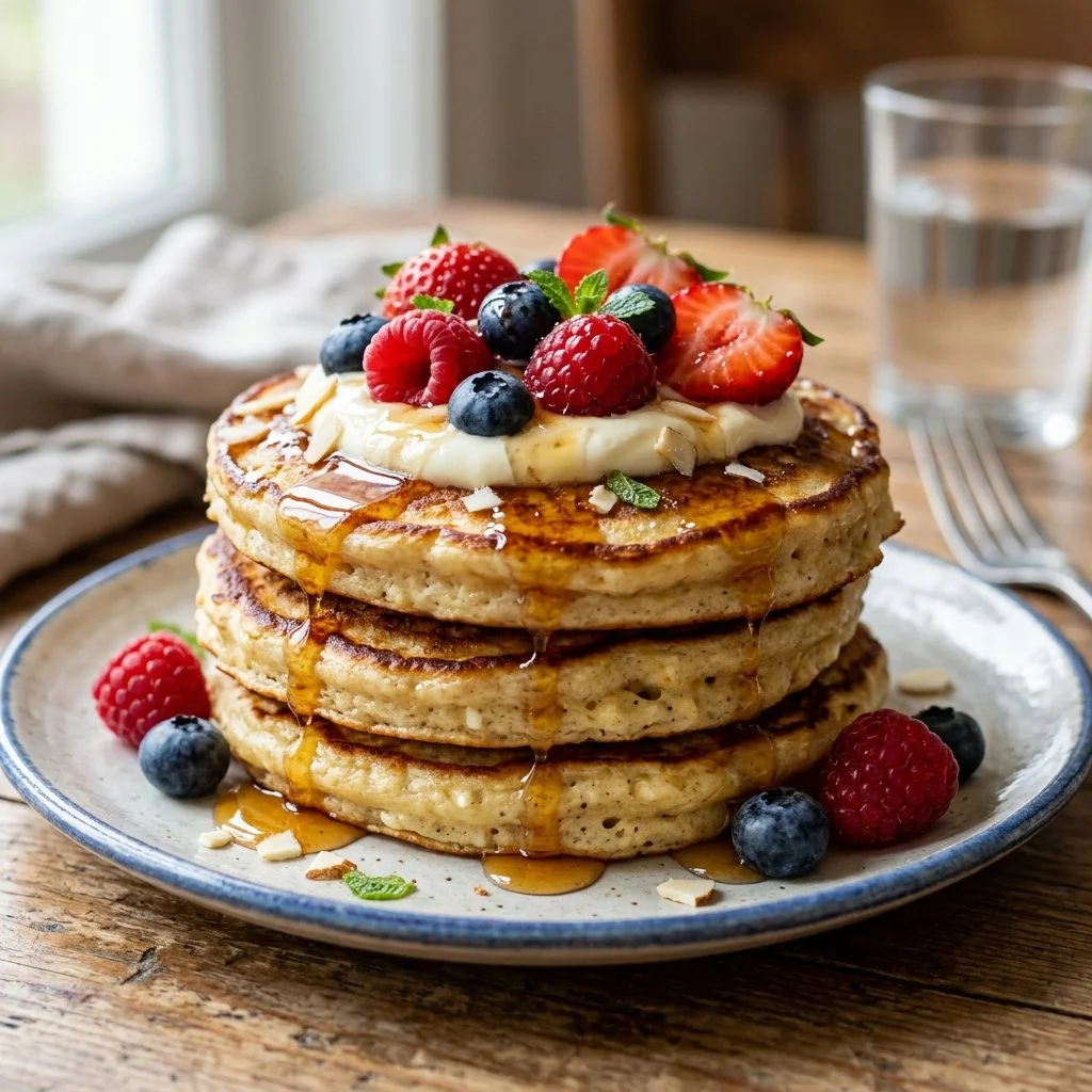 Fluffy Cottage Cheese Pancakes served with fresh fruits and syrup