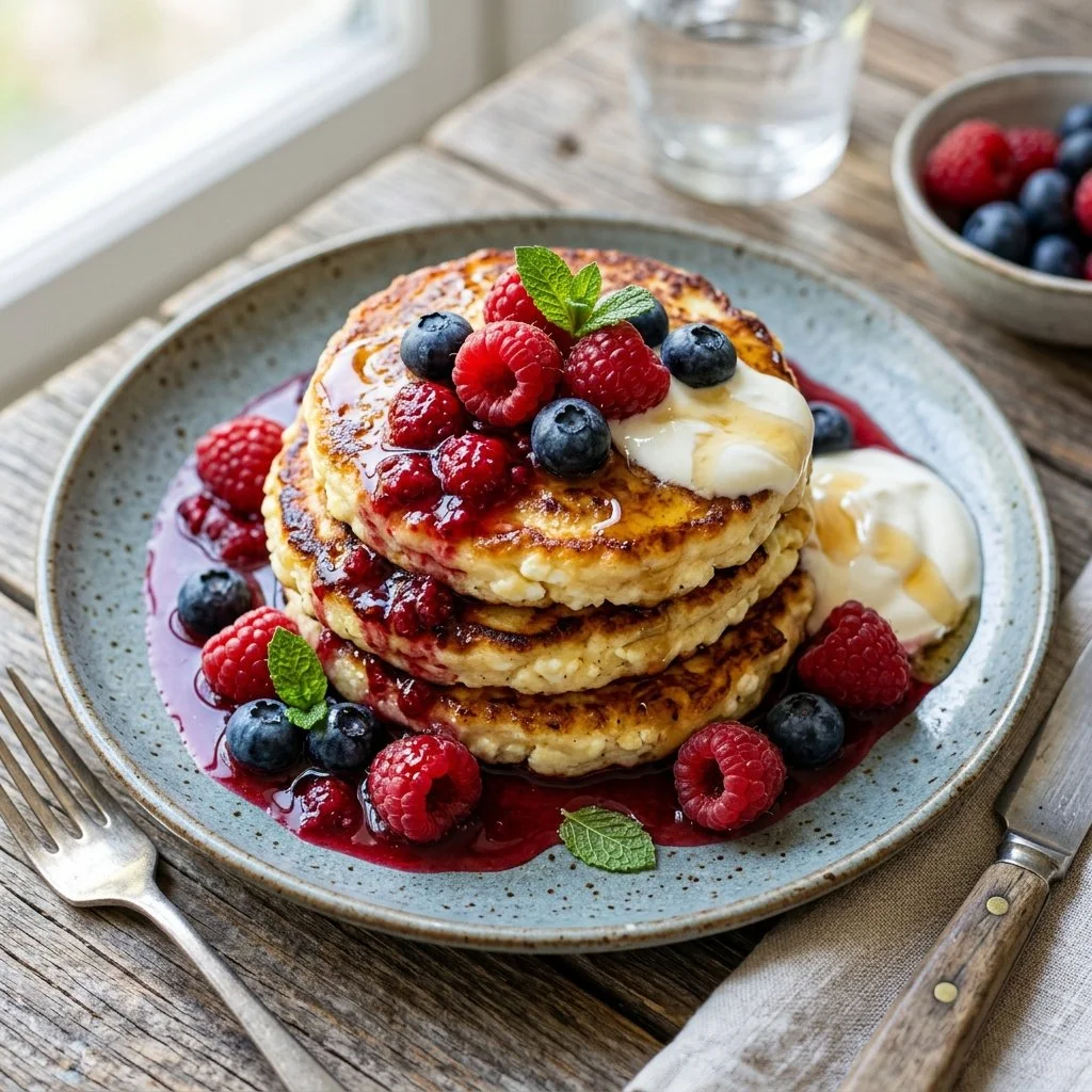 Fluffy cottage cheese pancakes served with fresh fruits on a plate