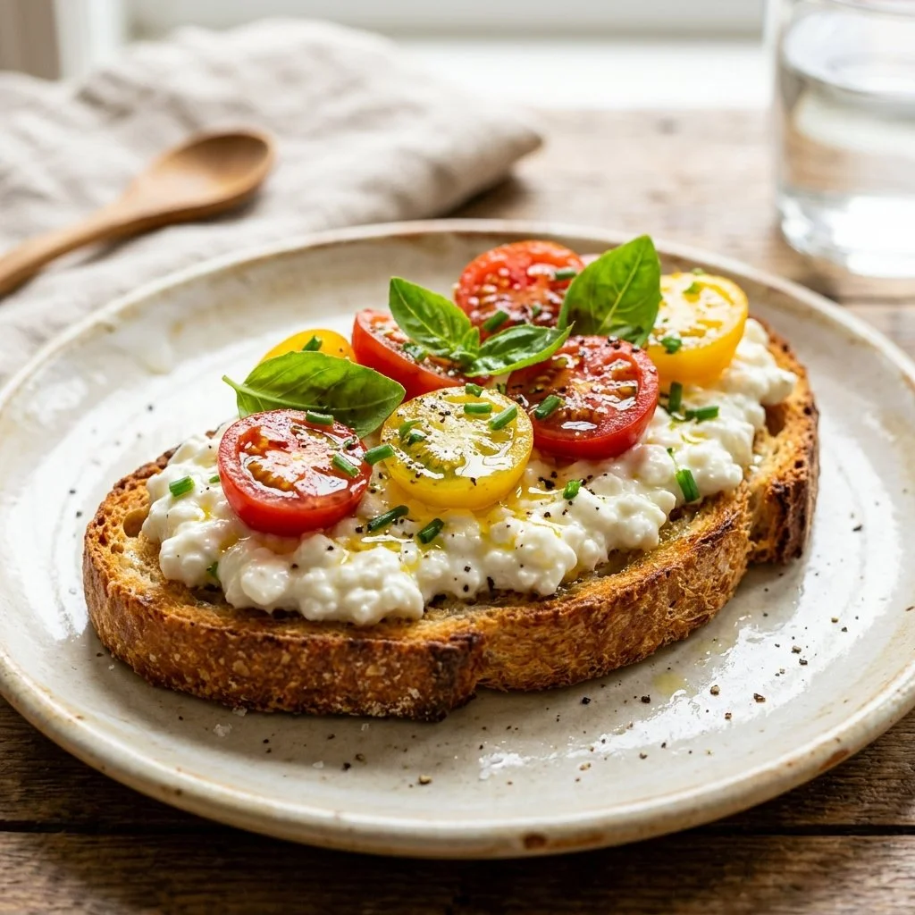 Delicious cottage cheese toast topped with fresh herbs and tomatoes.