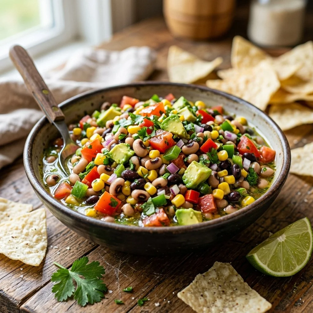 A bowl of colorful Cowboy Caviar with beans, tomatoes, and bell peppers