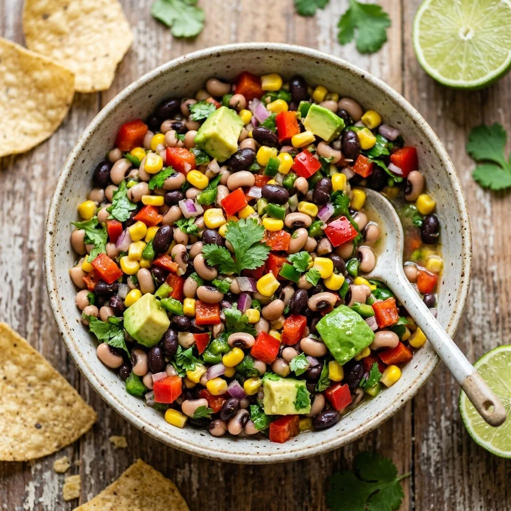 Colorful bowl of Cowboy Caviar with black beans, tomatoes, and corn